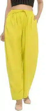 Women’s Solid Relaxed Fit Drawstring Palazzo Pants – Lime Yellow
